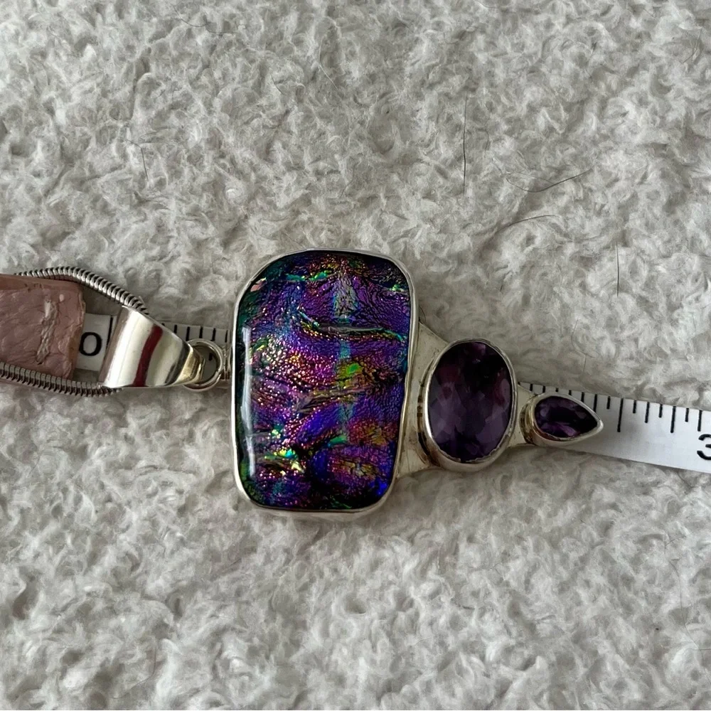 DICHROIC GLASS AMETHYST STERLING SILVER DESIGNER SIGNED PENDANT 16” SNAKE CHAIN - Picture 6 of 8